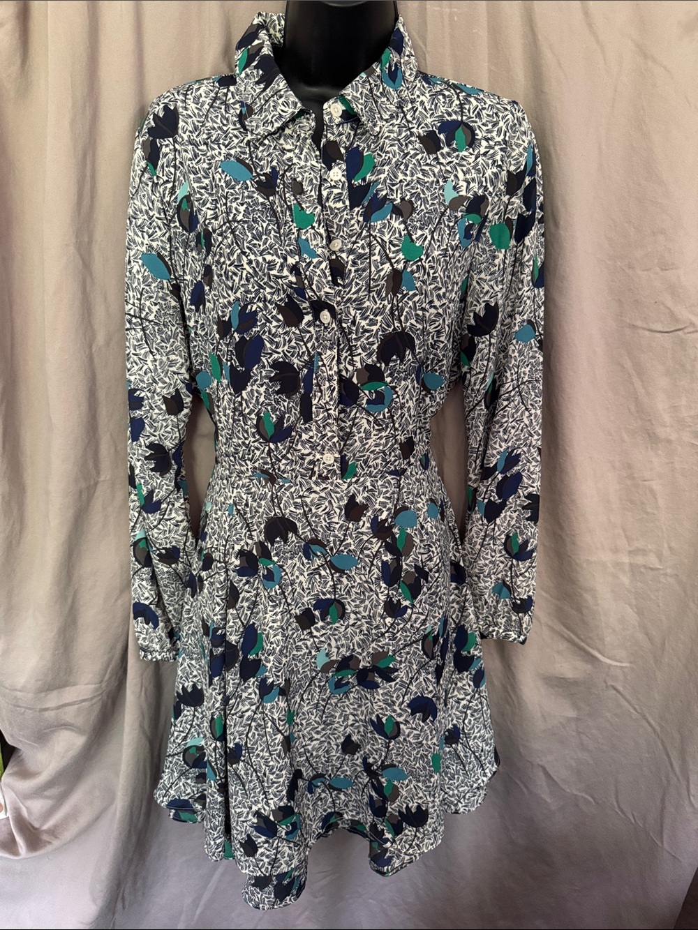 Banana Republic Print, Collared Shirt Dress Navy, Teal,White Size 10